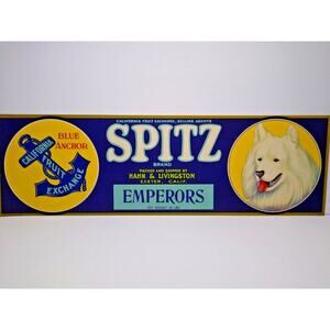 Spitz Dog Crate Label Blue Anchor California Fruit 1940s Vintage White Puppy